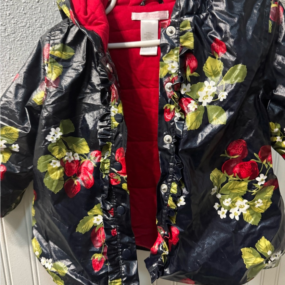 Janie and Jack Girls Floral Strawberry Kids RainJacket with Red and Black Design